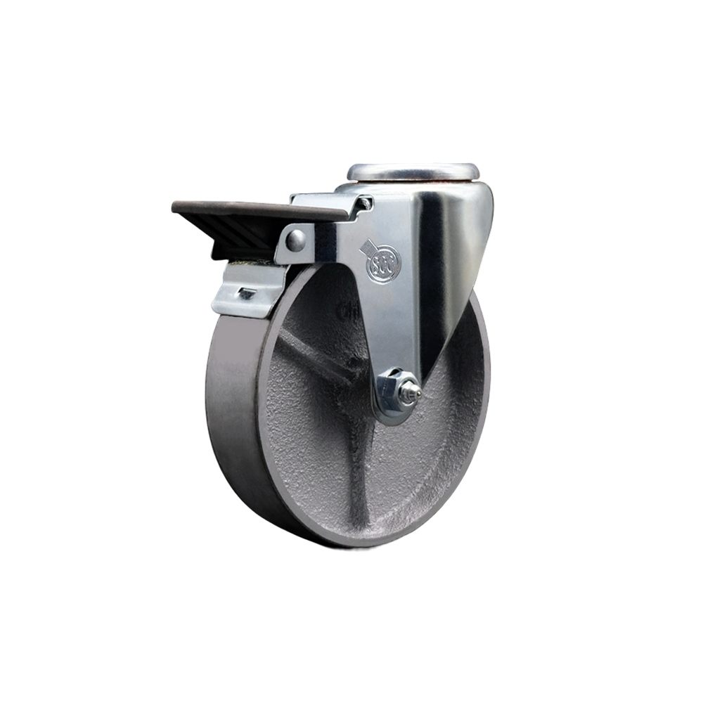 Semi Steel Cast Iron Swivel Bolt Hole Caster w/5" x 1.25" Silver Wheel & Posi Locking Brake - 300 lbs Capacity/Caster - Service Caster Brand — photo 1