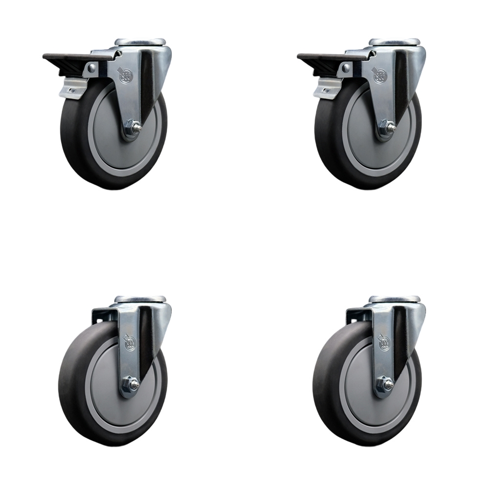 Thermoplastic Rubber Swivel Bolt Hole Caster Set of 4 - 4" x 1.25" Gray Wheels - Includes 2 with Posi Locking Brakes - 1,200 lbs Total Capacity - Service Caster Brand — photo 1