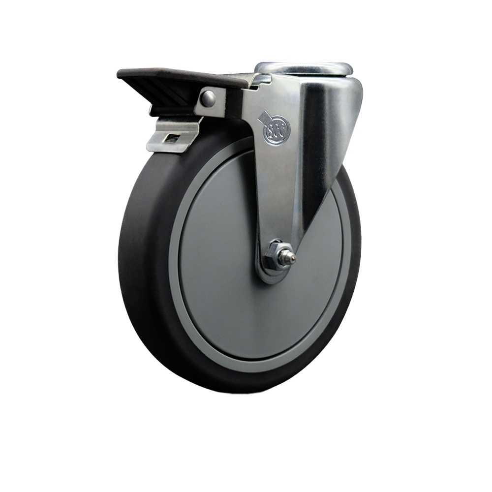 Thermoplastic Rubber Swivel Bolt Hole Caster - 6" x 1.25" Gray Wheel & Posi Locking Brake - 300 lbs Capacity/Caster - Service Caster Brand — photo 1