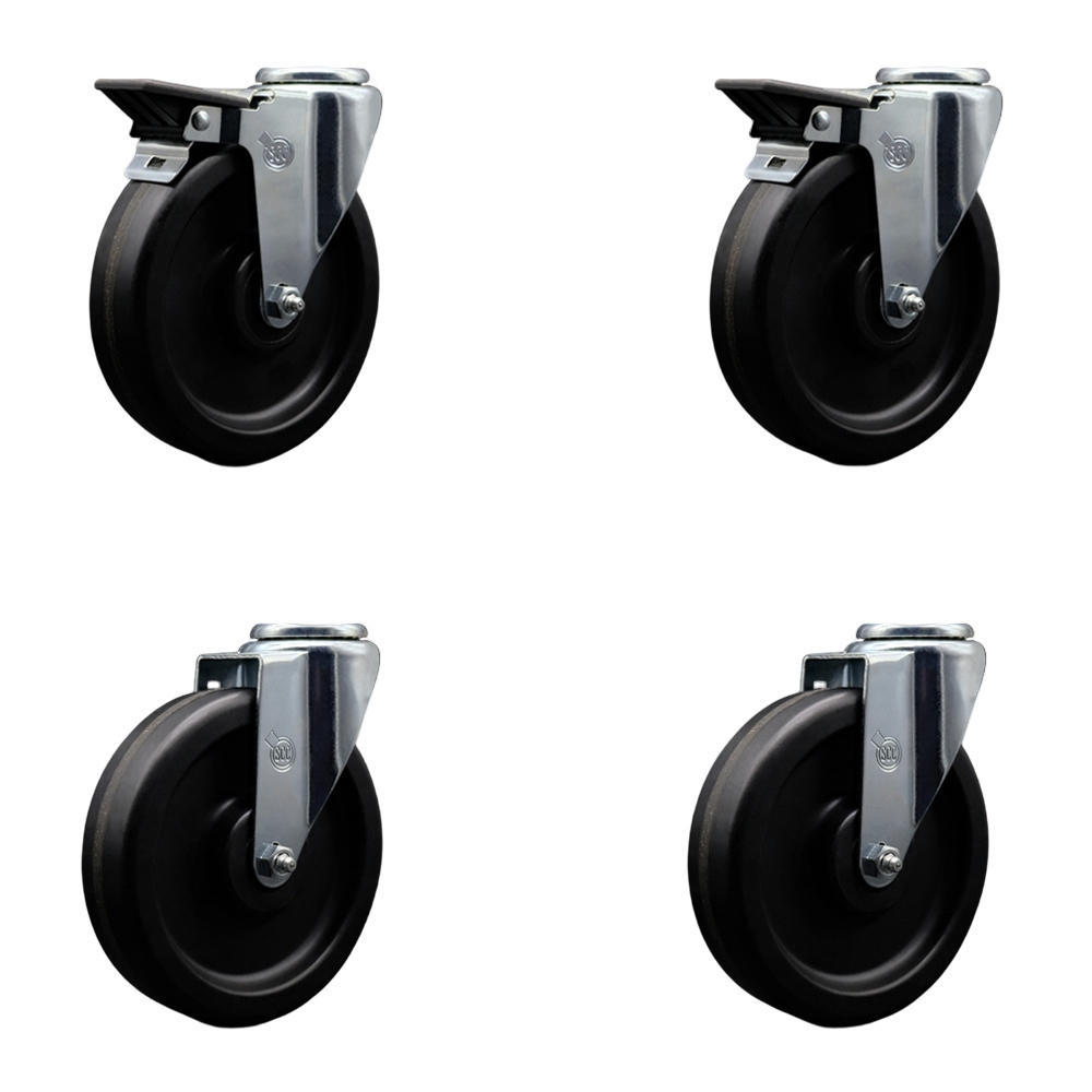 Phenolic Swivel Bolt Hole Caster Set of 4 w/Roller Bearing - 6" x 1.5" Black Wheels - Includes 2 with Posi Locking Brakes - 1200 lbs Total Capacity - Service Caster Brand — photo 1
