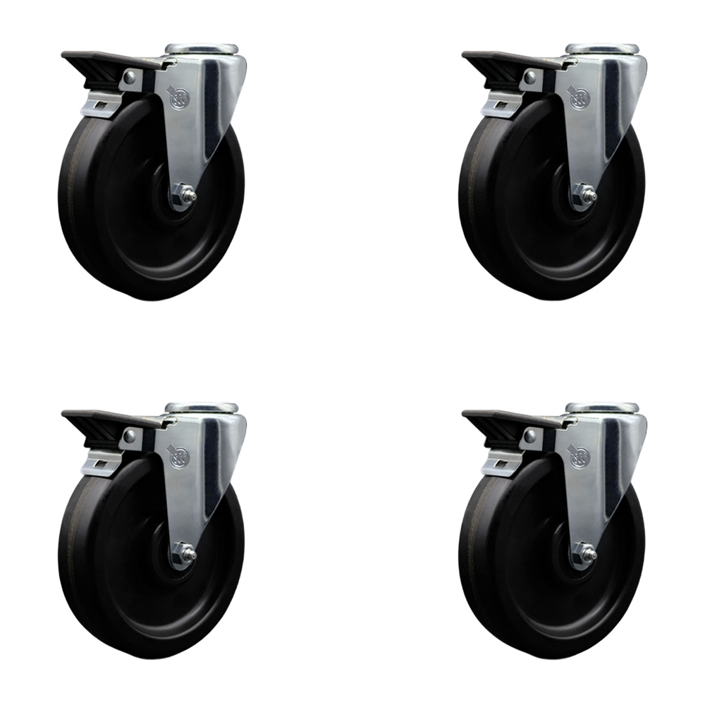 Phenolic Swivel Bolt Hole Caster w/Roller Bearing Set of 4 w/6" x 1.5" Black Wheels - Includes 4 Swivel with Posi Lock Brakes - 1200 lbs Total Capacity - Service Caster Brand — photo 1