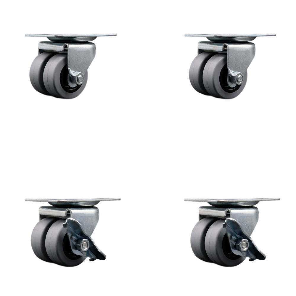 Low Profile Swivel Top Plate Dual Wheel Caster Set - 2 Inch Dual Thermoplastic Rubber Wheels - 720 lbs. Total Capacity - Includes 2 Swivel Casters with Brakes and 2 Swivel Casters - Service Caster — photo 1