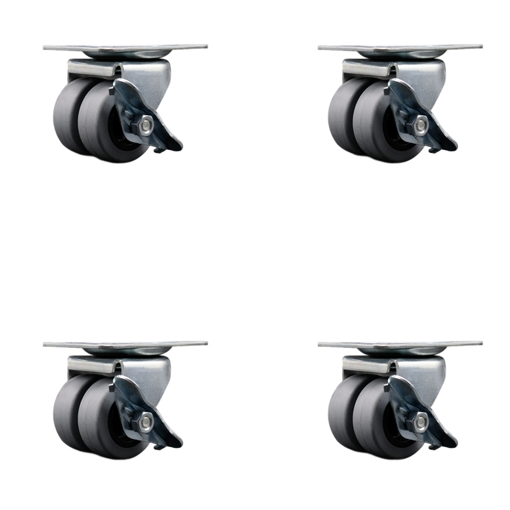 Low Profile Swivel Top Plate Dual Wheel Caster with Brake Set - 2 Inch by 13/16 Inch Dual Thermoplastic Rubber Wheels-720 lbs. Total Capacity-Includes 4 Swivel Casters with Brakes-Service Caster Brand — photo 1