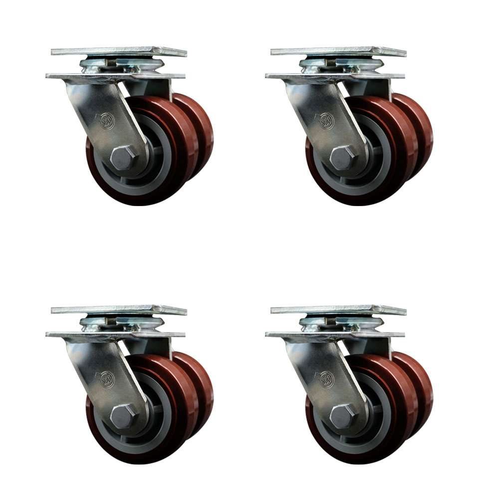 Heavy Duty Swivel Caster Set of 4 with Dual 4 Inch Polyurethane Wheels - Includes 4 Swivel - 4,800 lbs. Total Capacity - Service Caster Brand — photo 1
