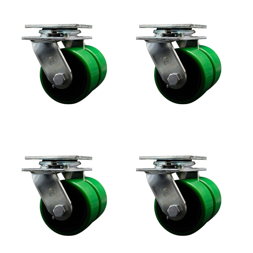 Heavy Duty Swivel Caster Set of 4 with Dual 4 Inch Green Polyurethane on Cast Iron Wheels and Ball Bearings - Includes 4 Swivel - 5,000 lbs. Total Capacity - Service Caster Brand — photo 1