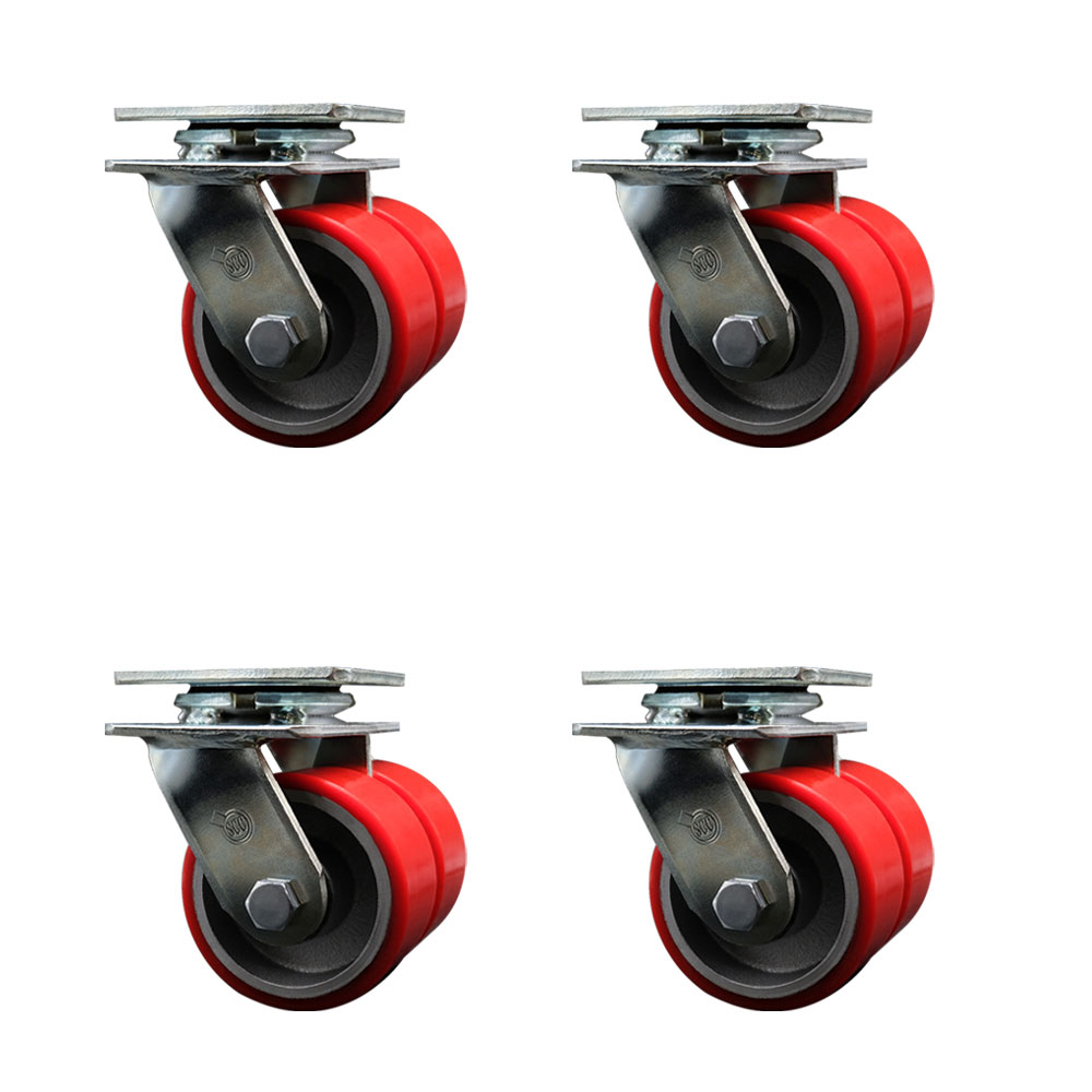 Heavy Duty Swivel Caster Set of 4 with Dual 4 Inch Red Polyurethane on Cast Iron Wheels - Includes 4 Swivel - 5,000 lbs. Total Capacity - Service Caster Brand — photo 1