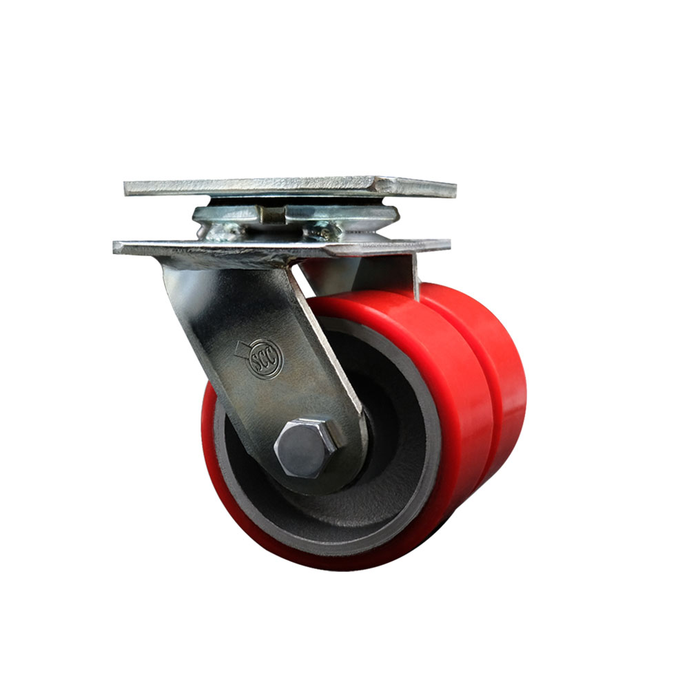 Heavy Duty Swivel Top Plate Caster with Dual 4 Inch Red Polyurethane on Cast Iron Wheels - 1,250 lbs. Capacity Per Caster - Service Caster Brand — photo 1
