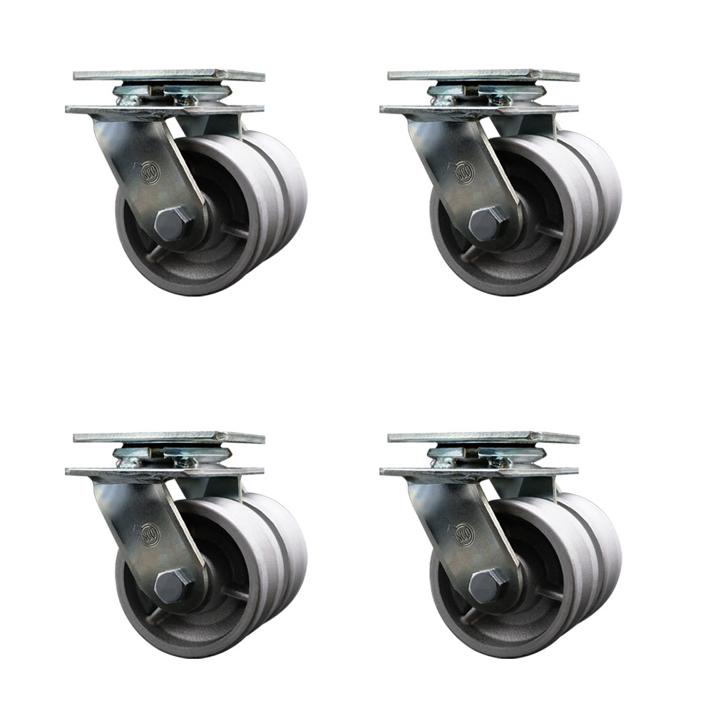 Heavy Duty Swivel Caster Set of 4 with Dual 4 Inch V-Groove Semi Steel Cast Iron Wheels and Ball Bearings - Includes 4 Swivel - 5,000 lbs. Total Capacity - Service Caster Brand — photo 1