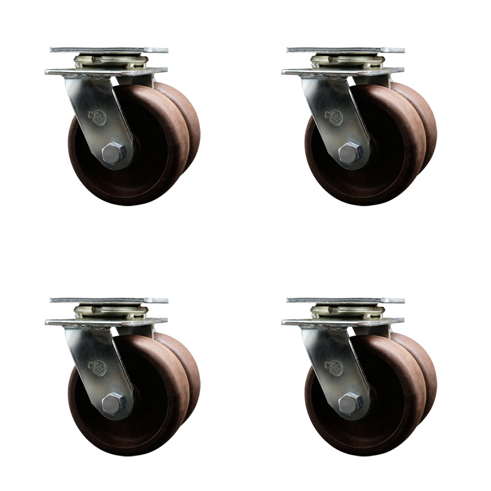 Heavy Duty Swivel Caster Set of 4 with Dual 5 Inch High Temperature Glass Filled Nylon Wheels and Ball Bearings - Includes 4 Swivel - 5,000 lbs. Total Capacity - Service Caster Brand — photo 1