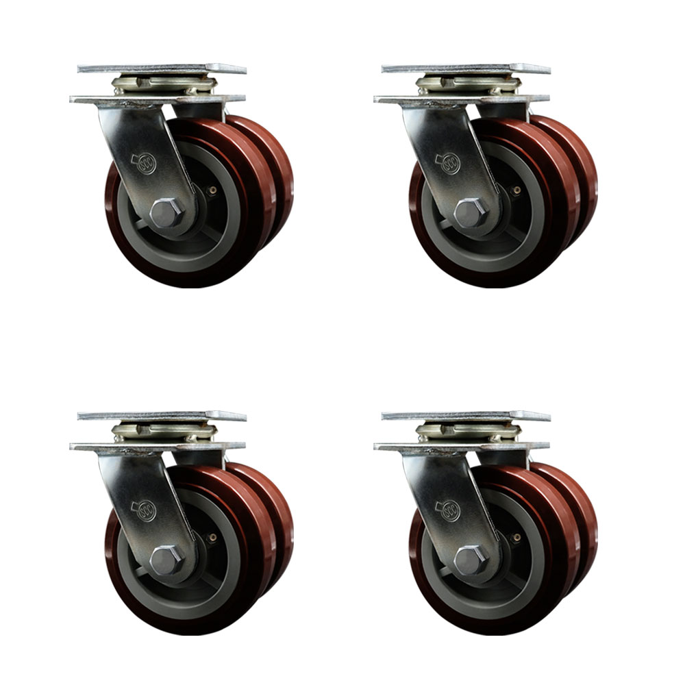 Heavy Duty Swivel Caster Set of 4 with Dual 5 Inch Polyurethane Wheels and Ball Bearings - Includes 4 Swivel - 5,000 lbs. Total Capacity - Service Caster Brand — photo 1