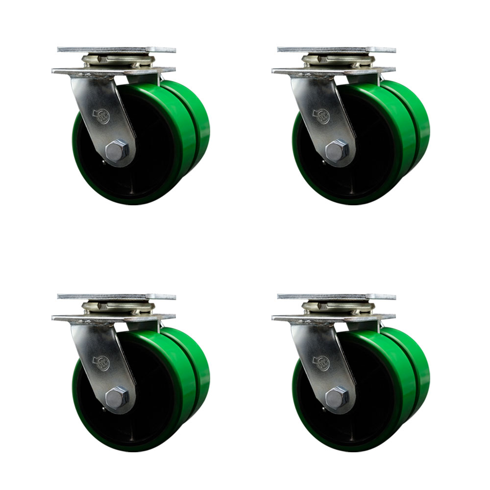 Heavy Duty Swivel Caster Set of 4 with Dual 5 Inch Green Polyurethane on Cast Iron Wheels - Includes 4 Swivel - 5,000 lbs. Total Capacity - Service Caster Brand — photo 1