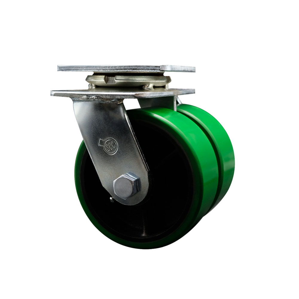 Heavy Duty Swivel Top Plate Caster with Dual 5 Inch Green Polyurethane on Cast Iron Wheels and Ball Bearings - 1,250 lbs. Capacity Per Caster - Service Caster Brand — photo 1