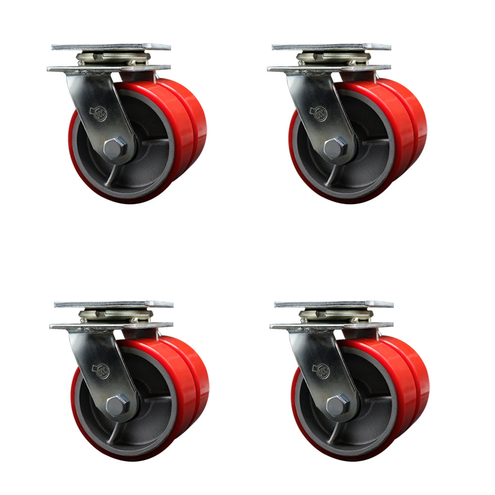 Heavy Duty Swivel Caster Set of 4 with Dual 5 Inch Red Polyurethane on Cast Iron Wheels and Ball Bearings - Includes 4 Swivel - 5,000 lbs. Total Capacity - Service Caster Brand — photo 1