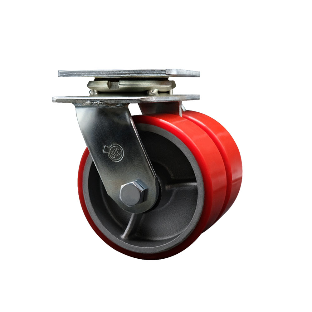 Heavy Duty Swivel Top Plate Caster with Dual 5 Inch Red Polyurethane on Cast Iron Wheels - 1,250 lbs. Capacity Per Caster - Service Caster Brand — photo 1