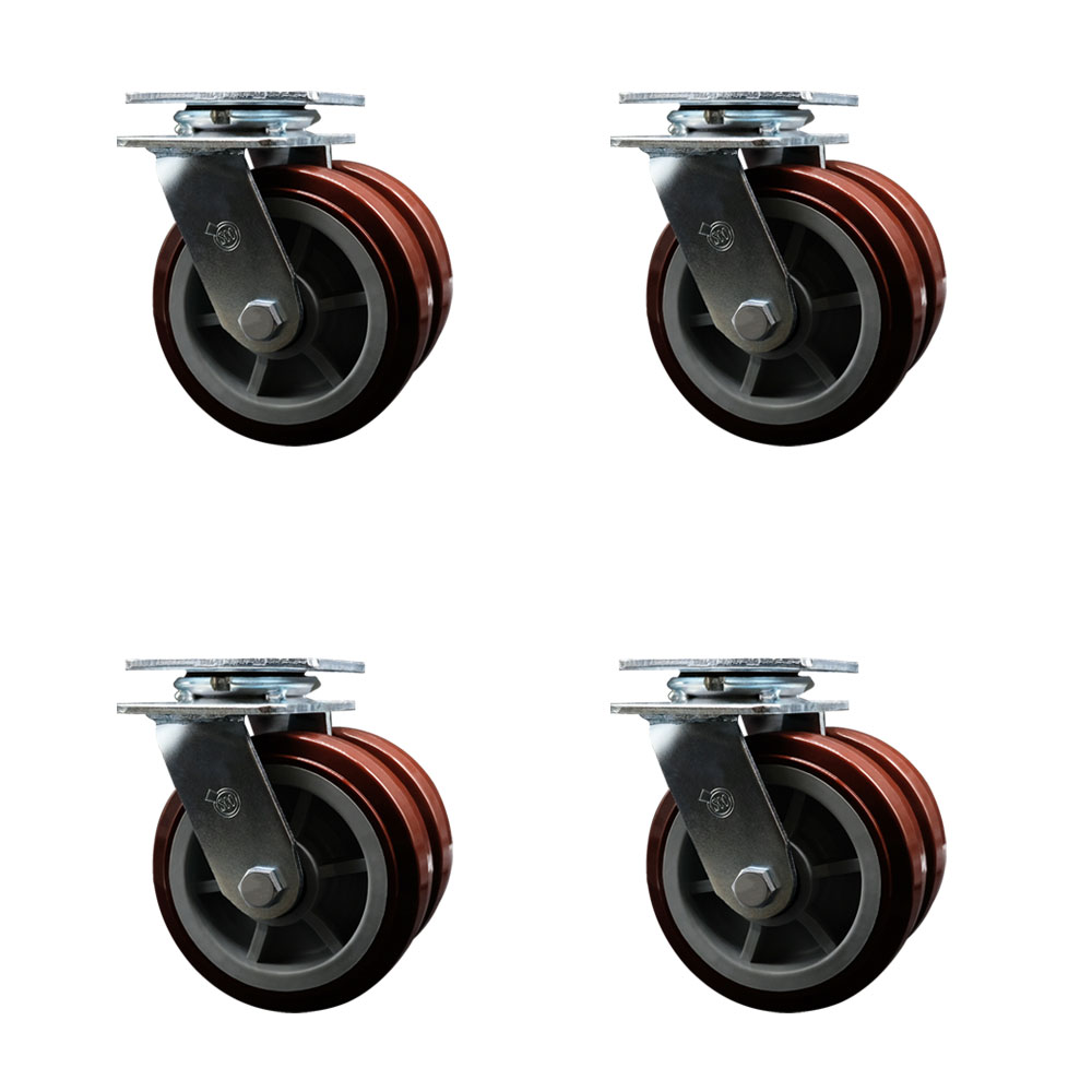 Heavy Duty Swivel Caster Set of 4 with Dual 6 Inch Polyurethane Wheels - Includes 4 Swivel - 5,000 lbs. Total Capacity - Service Caster Brand — photo 1
