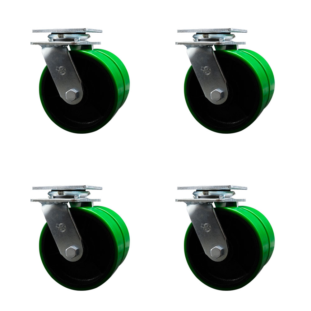 Heavy Duty Swivel Caster Set of 4 with Dual 6 Inch Green Polyurethane on Cast Iron Wheels - Includes 4 Swivel - 5,000 lbs. Total Capacity - Service Caster Brand — photo 1