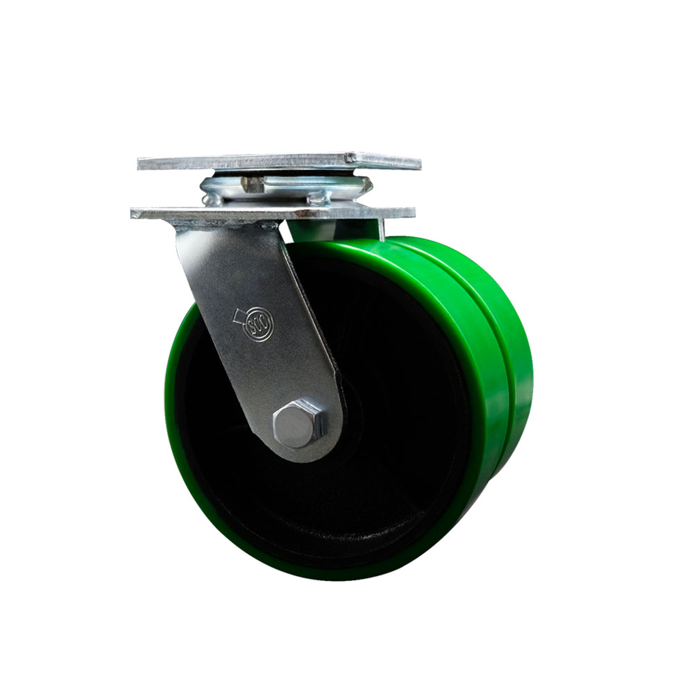 Heavy Duty Swivel Top Plate Caster with Dual 6 Inch Green Polyurethane on Cast Iron Wheels and Ball Bearings - 1,250 lbs. Capacity Per Caster - Service Caster Brand — photo 1
