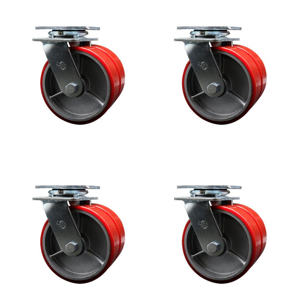 Heavy Duty Swivel Caster Set of 4 with Dual 6 Inch Red Polyurethane on Cast Iron Wheels - Includes 4 Swivel - 5,000 lbs. Total Capacity - Service Caster Brand — photo 1