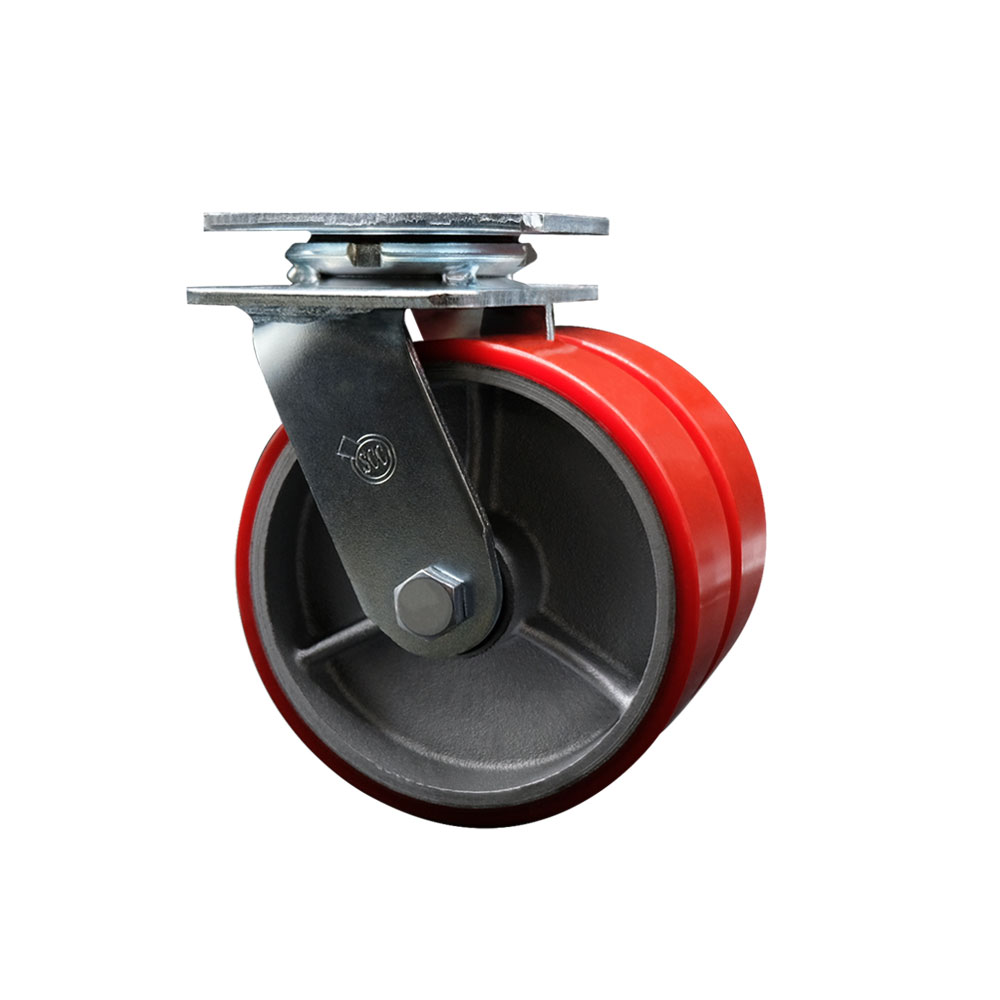 Heavy Duty Swivel Top Plate Caster with Dual 6 Inch Red Polyurethane on Cast Iron Wheels and Ball Bearings - 1,250 lbs. Capacity Per Caster - Service Caster Brand — photo 1