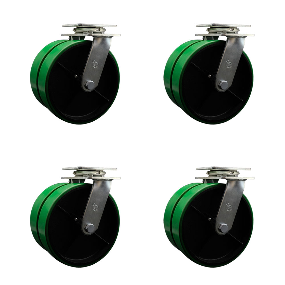 Heavy Duty Swivel Caster Set of 4 with Dual 8 Inch Green Polyurethane on Cast Iron Wheels and Ball Bearings - Includes 4 Swivel - 5,000 lbs. Total Capacity - Service Caster Brand — photo 1