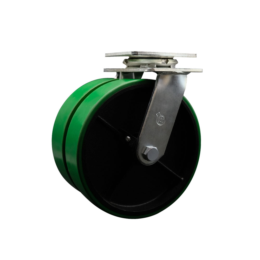 Heavy Duty Swivel Top Plate Caster with Dual 8 Inch Green Polyurethane on Cast Iron Wheels and Ball Bearings - 1,250 lbs. Capacity Per Caster - Service Caster Brand — photo 1