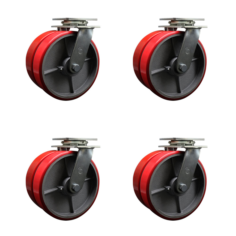 Heavy Duty Swivel Caster Set of 4 with Dual 8 Inch Red Polyurethane on Cast Iron Wheels and Ball Bearings - Includes 4 Swivel - 5,000 lbs. Total Capacity - Service Caster Brand — photo 1
