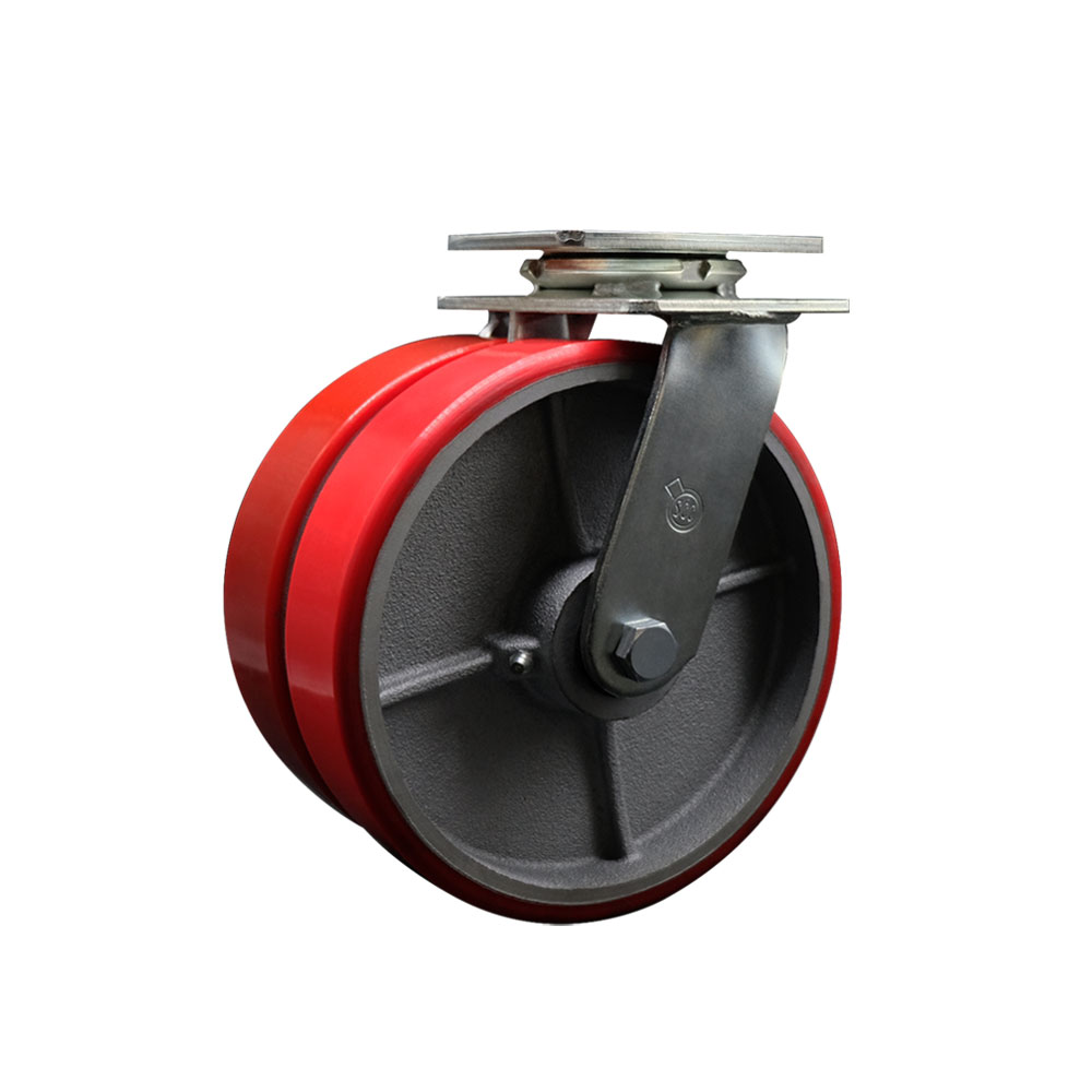 Heavy Duty Swivel Top Plate Caster with Dual 8 Inch Red Polyurethane on Cast Iron Wheels - 1,250 lbs. Capacity Per Caster - Service Caster Brand — photo 1