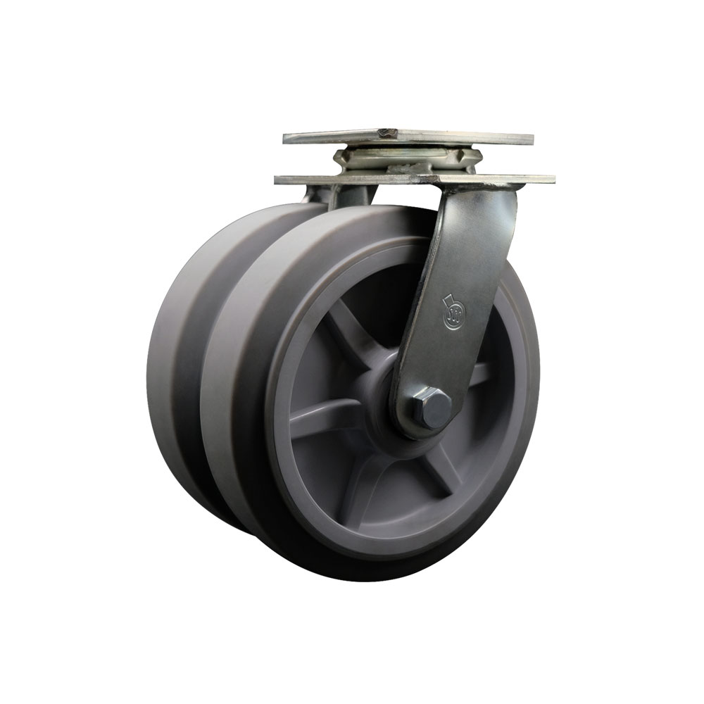 Heavy Duty Swivel Top Plate Caster with Dual 8 Inch Thermoplastic Rubber Flat Tread Wheels and Ball Bearings - 1,200 lbs. Capacity Per Caster - Service Caster Brand — photo 1