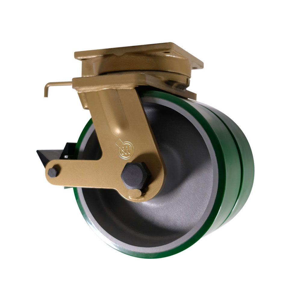 12 Inch Dual Wheel Swivel Poly Caster - Green Poly Wheels with Tapered Bearings - Posi Lock Brake and Welded On Swivel Lock-Super Heavy Duty Caster-12,000 lbs. Capacity Per Caster-Service Caster Brand — photo 1