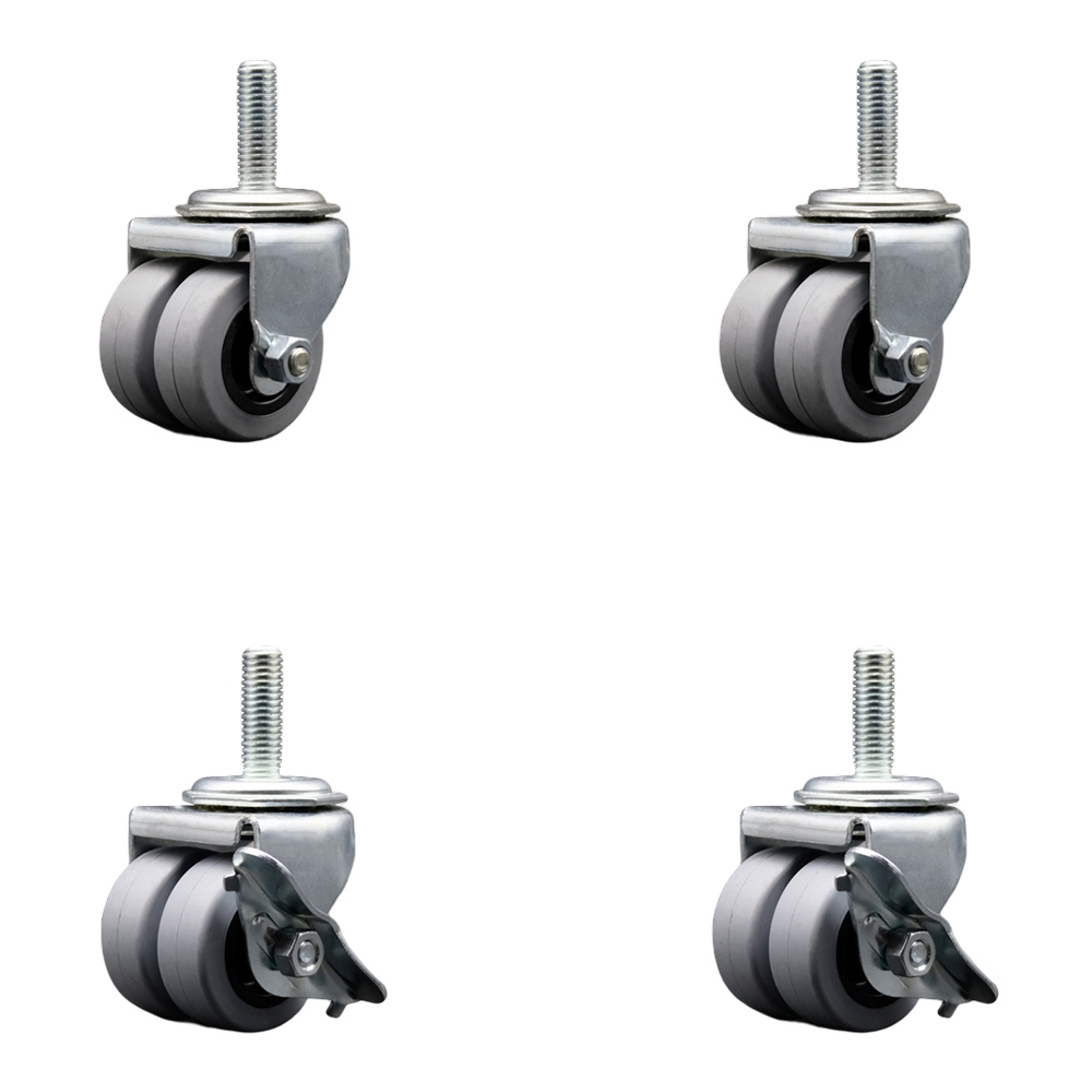 Swivel Threaded Stem Caster - 2 Inch Dual Wheels - 1/2 Inch 13 TPI by 1-1/2 Inch Threaded Stem - 720 lbs. Total Capacity - Includes 2 Swivel Casters with Brakes and 2 Swivel Casters - Service Caster — photo 1