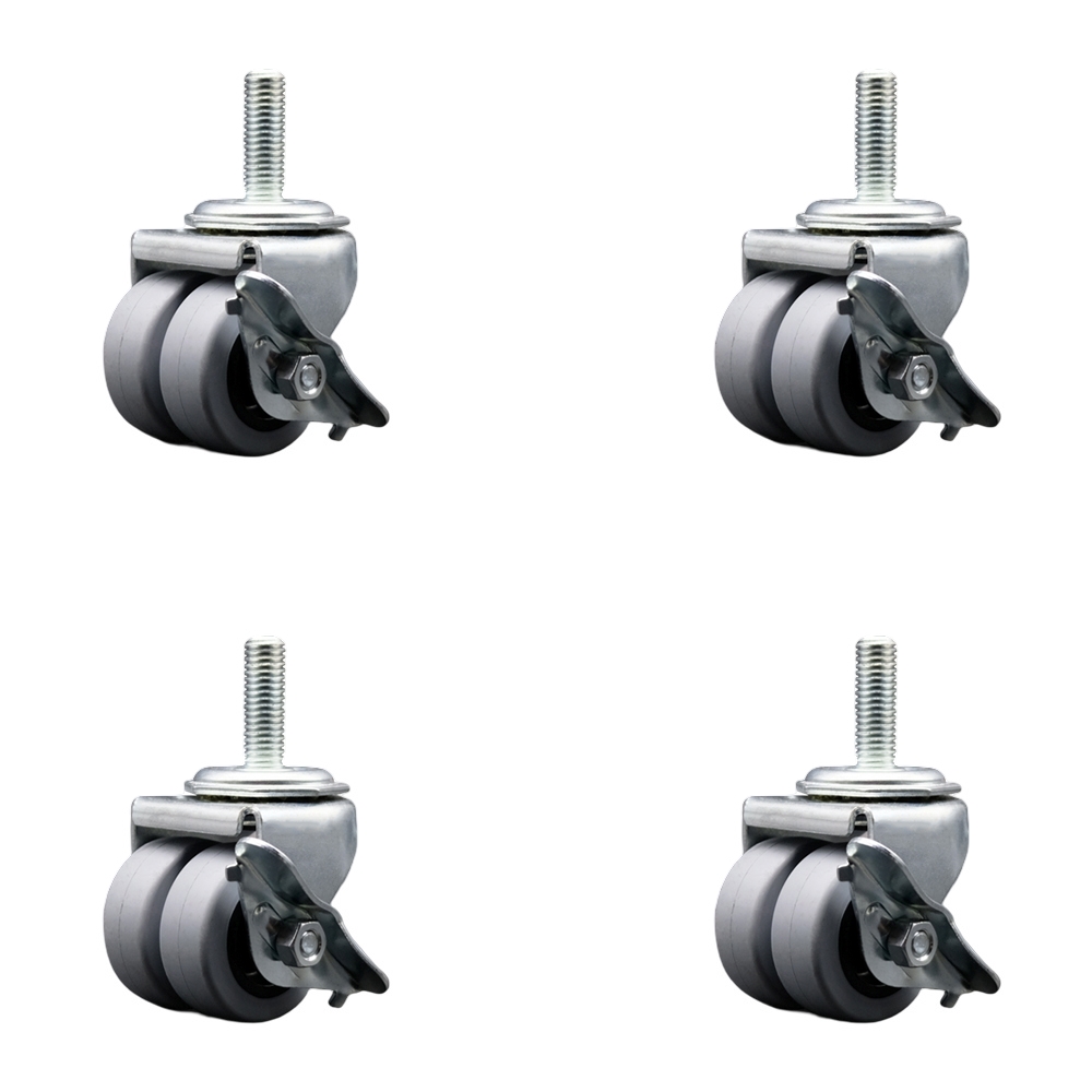 Swivel Threaded Stem Dual Wheel Caster with Brake - 2 Inch Dual Wheels - 1/2 Inch - 13 TPI by 1-1/2 Inch Threaded Stem - 720 lbs. Total Capacity - Includes 4 Swivel Casters with Brakes Service Caster — photo 1