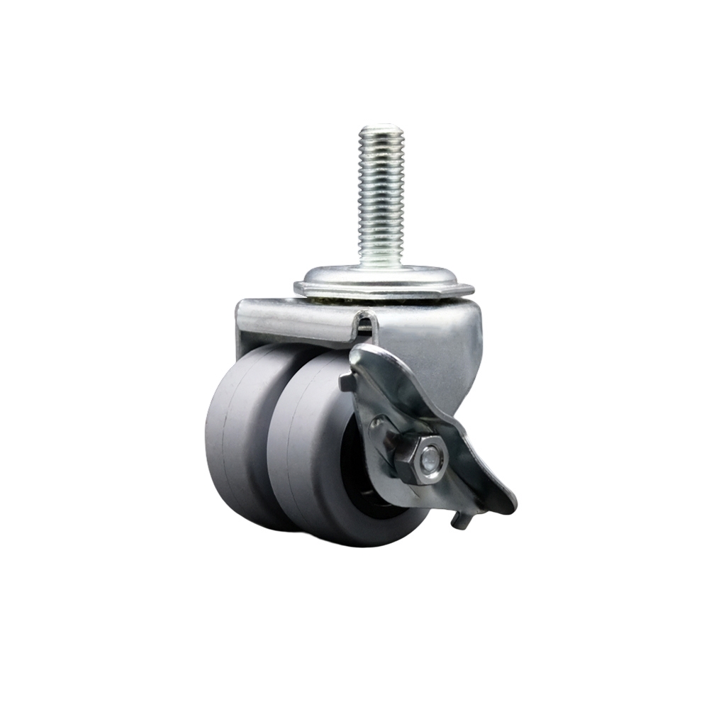 Low Profile Swivel Threaded Stem Dual Wheel Caster with Brake - 2 Inch Dual Thermoplastic Rubber Wheels - 1/2 Inch - 13 TPI by 1-1/2 Inch Threaded Stem - 180 lbs. Capacity Per Caster - Service Caster — photo 1