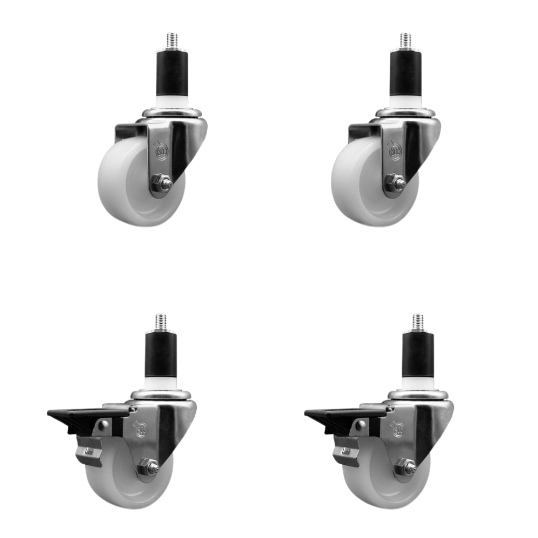 Nylon Swivel Expanding Stem Caster Set of 4 with 3 Inch White Wheel and 1-1/2" Stems - Includes 2 Swivel with Posi Locking Brakes and 2 Swivel - 1200 lbs. Total Capacity - Service Caster Brand — photo 1