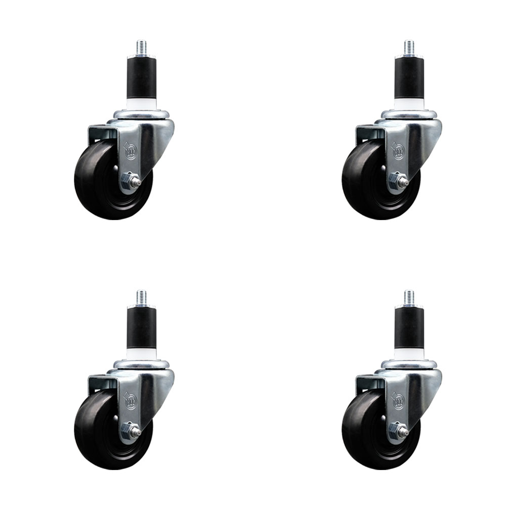 Hard Rubber Swivel Expanding Stem Caster Set of 4 w/3" x 1.25" Black Wheels and 1-1/2" Stems - Includes 4 Swivel - 1100 lbs Total Capacity - Service Caster Brand — photo 1