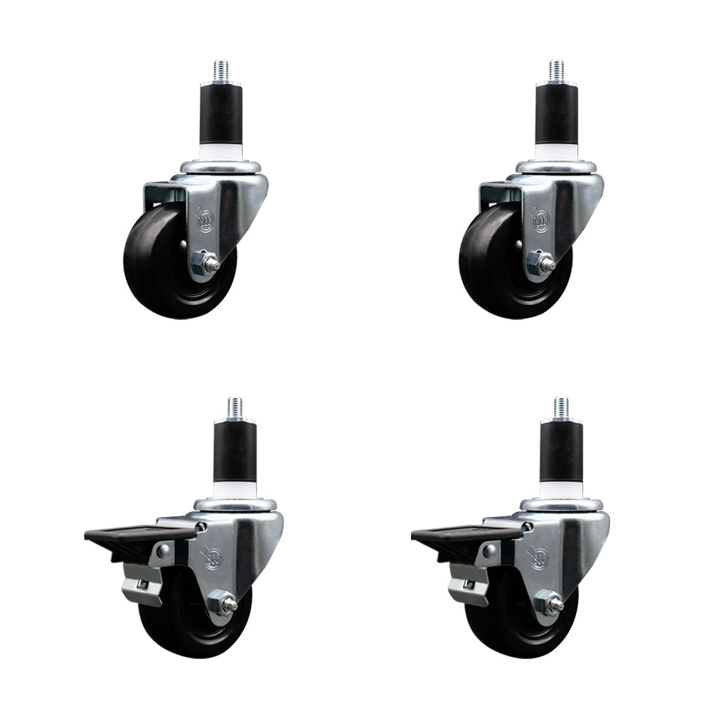 Soft Rubber Swivel Expanding Stem Caster Set of 4 with 3 Inch Black Wheels and 1-1/2" Stems - Includes 2 with Posi Locking Brakes - 700 lbs Total Capacity - Service Caster Brand — photo 1
