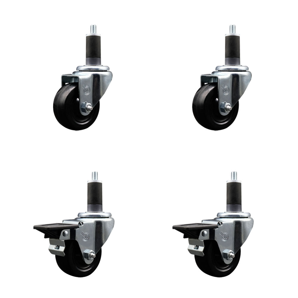 Hard Rubber Swivel Expanding Stem Caster Set of 4 w/3" x 1.25" Black Wheels and 1-1/4" Stems - Includes 2 with Posi Locking Brake - 1100 lbs Total Capacity - Service Caster Brand — photo 1