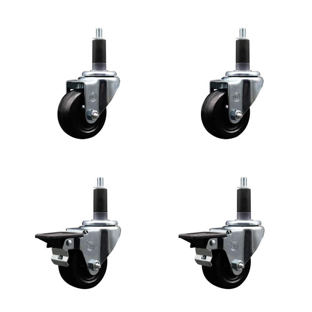 Soft Rubber Swivel Expanding Stem Caster Set of 4 with 5 Inch Black Wheels and 1-1/8" Stems - Includes 2 with Posi Locking Brakes - 1100 lbs Total Capacity - Service Caster Brand — photo 1