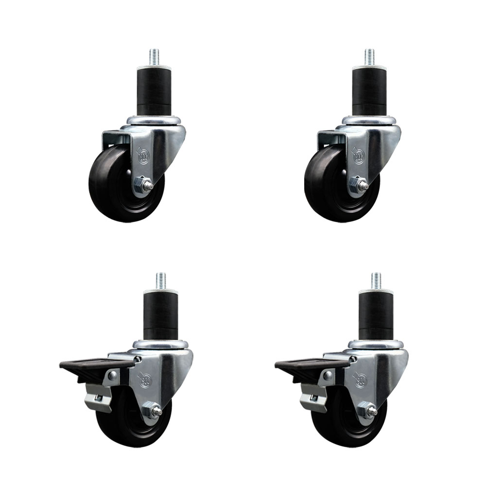 Hard Rubber Swivel Expanding Stem Caster Set of 4 w/3" x 1.25" Black Wheels and 1-3/4" Stems - Includes 2 with Posi Locking Brake - 1100 lbs Total Capacity - Service Caster Brand — photo 1
