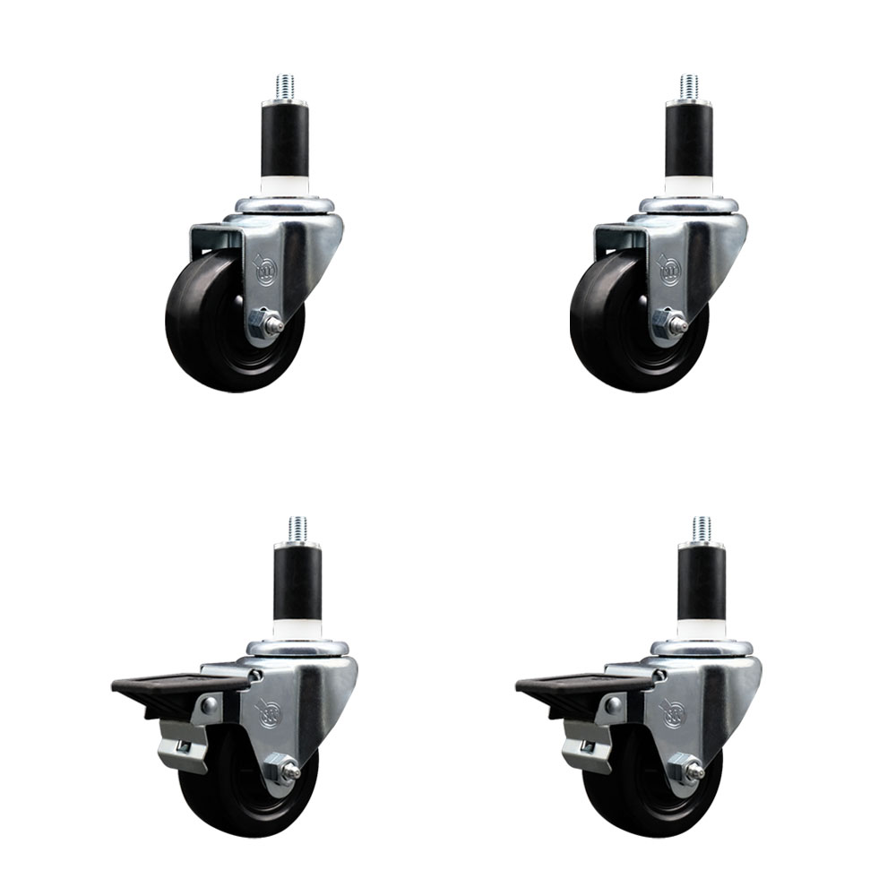 Soft Rubber Swivel Expanding Stem Caster Set of 4 with 3 Inch Black Wheels and 1-3/8" Stems - Includes 2 with Posi Locking Brakes - 700 lbs Total Capacity - Service Caster Brand — photo 1