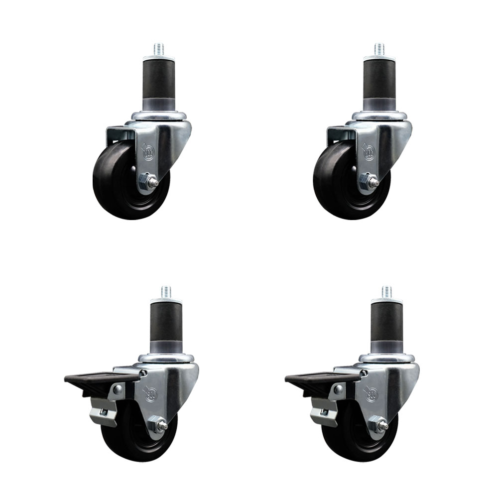 Soft Rubber Swivel Expanding Stem Caster Set of 4 with 3 Inch Black Wheels and 1-5/8" Stems - Includes 2 with Posi Locking Brakes - 700 lbs Total Capacity - Service Caster Brand — photo 1