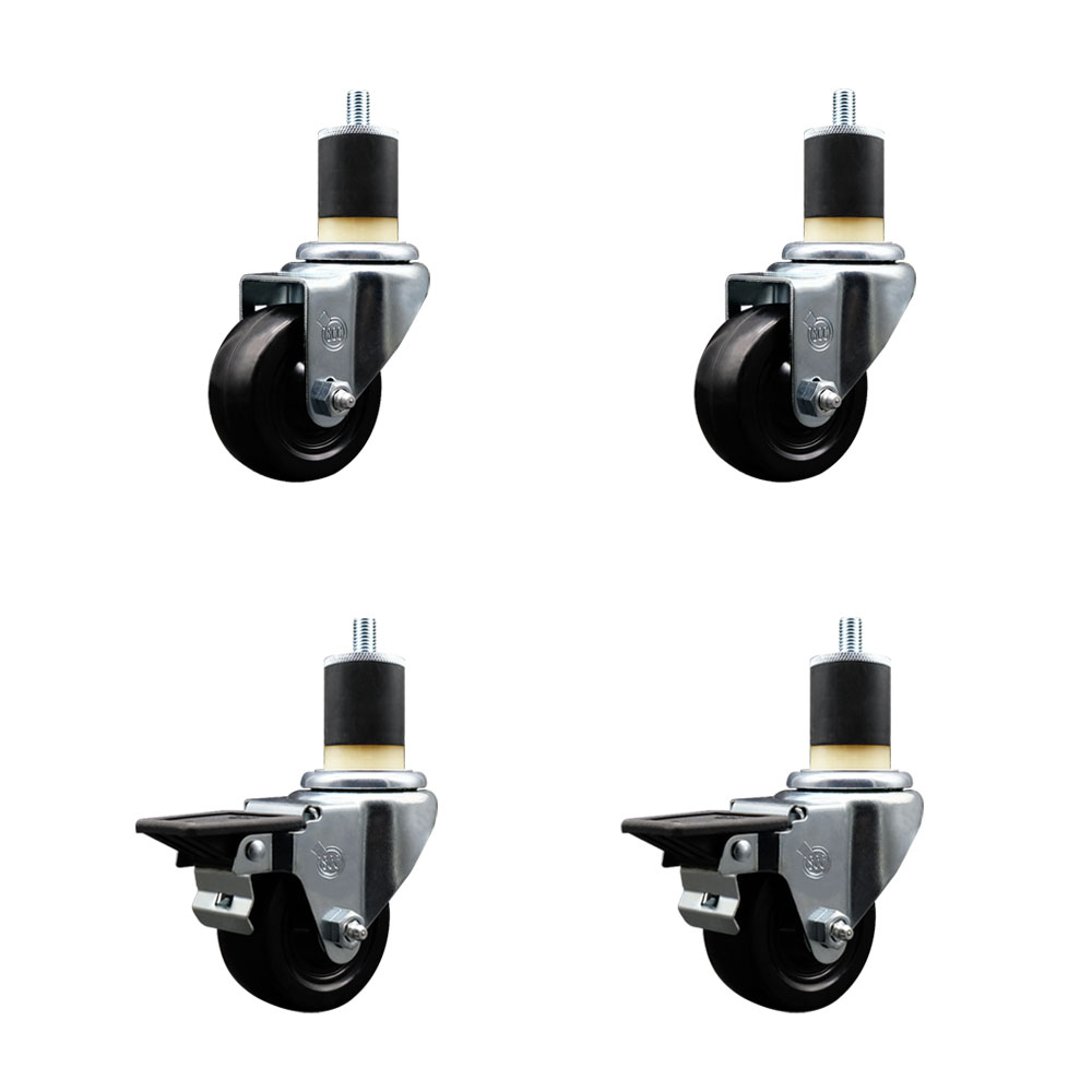 Soft Rubber Swivel Expanding Stem Caster Set of 4 with 3 Inch Black Wheels and 1-7/8" Stems - Includes 2 with Posi Locking Brakes - 700 lbs Total Capacity - Service Caster Brand — photo 1