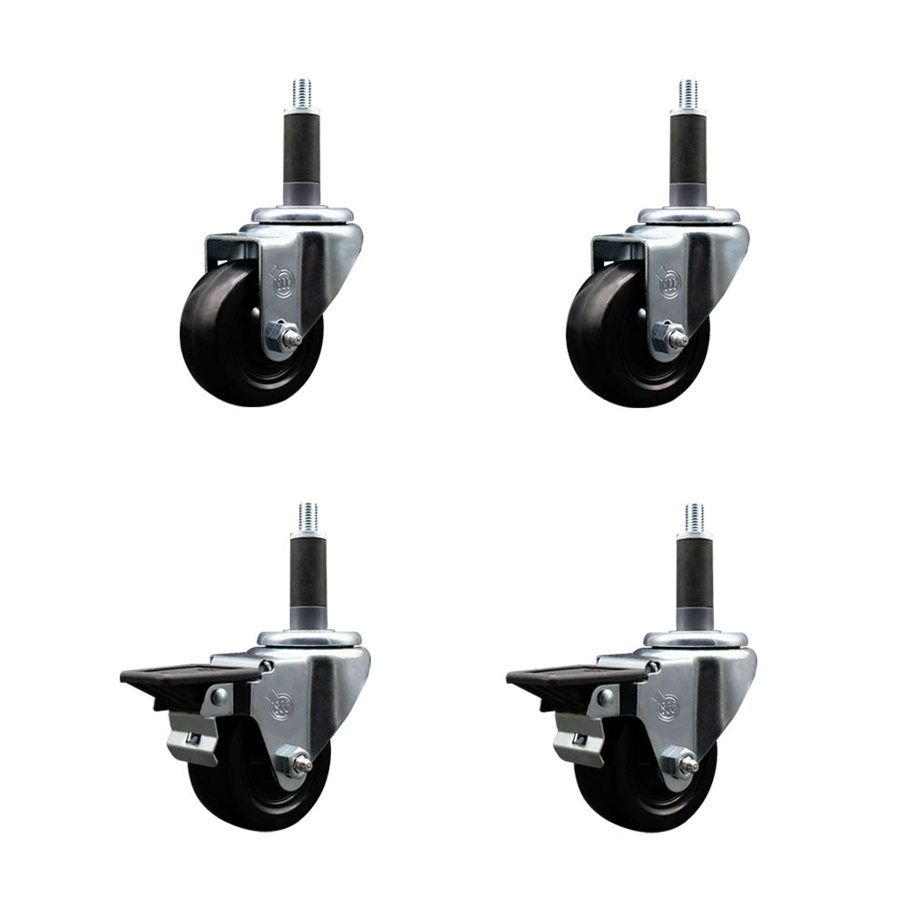 Hard Rubber Swivel Expanding Stem Caster Set of 4 w/3" x 1.25" Black Wheels and 1" Stems - Includes 2 with Posi Locking Brake - 1100 lbs Total Capacity - Service Caster Brand — photo 1