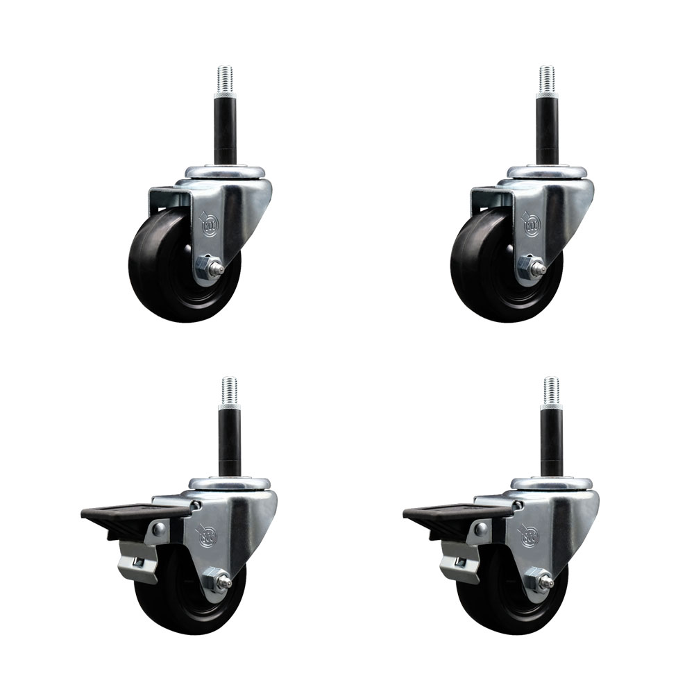 Hard Rubber Swivel Expanding Stem Caster Set of 4 w/3" x 1.25" Black Wheels and 3/4" Stems - Includes 2 with Posi Locking Brake - 1100 lbs Total Capacity - Service Caster Brand — photo 1