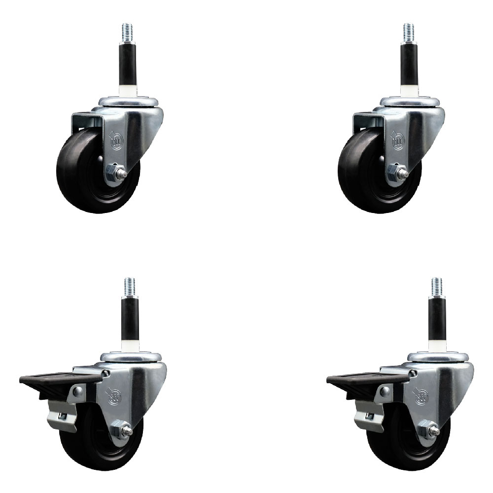 Soft Rubber Swivel Expanding Stem Caster Set of 4 with 3 Inch Black Wheels and 7/8" Stems - Includes 2 with Posi Locking Brakes - 700 lbs Total Capacity - Service Caster Brand — photo 1