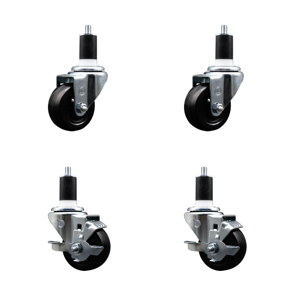 Stainless Steel Soft Rubber Swivel Expanding Stem Caster Set of 4 with 3 Inch Black Wheels and 1-1/2" Stems - Includes 2 with Top Locking Brakes - 700 lbs Total Capacity - Service Caster Brand — photo 1