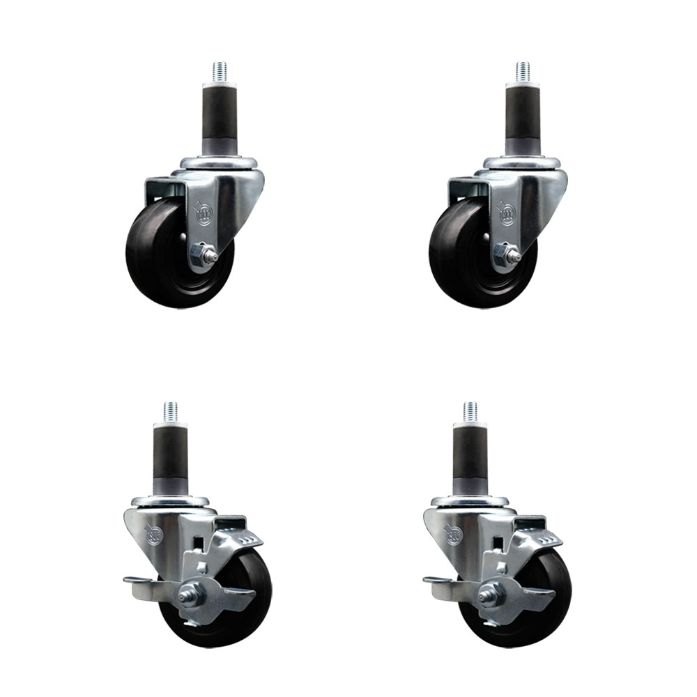 Hard Rubber Swivel Expanding Stem Caster Set of 4 w/3" x 1.25" Black Wheels and 1-1/4" Stems - Includes 2 with Top Locking Brake - 1100 lbs Total Capacity - Service Caster Brand — photo 1