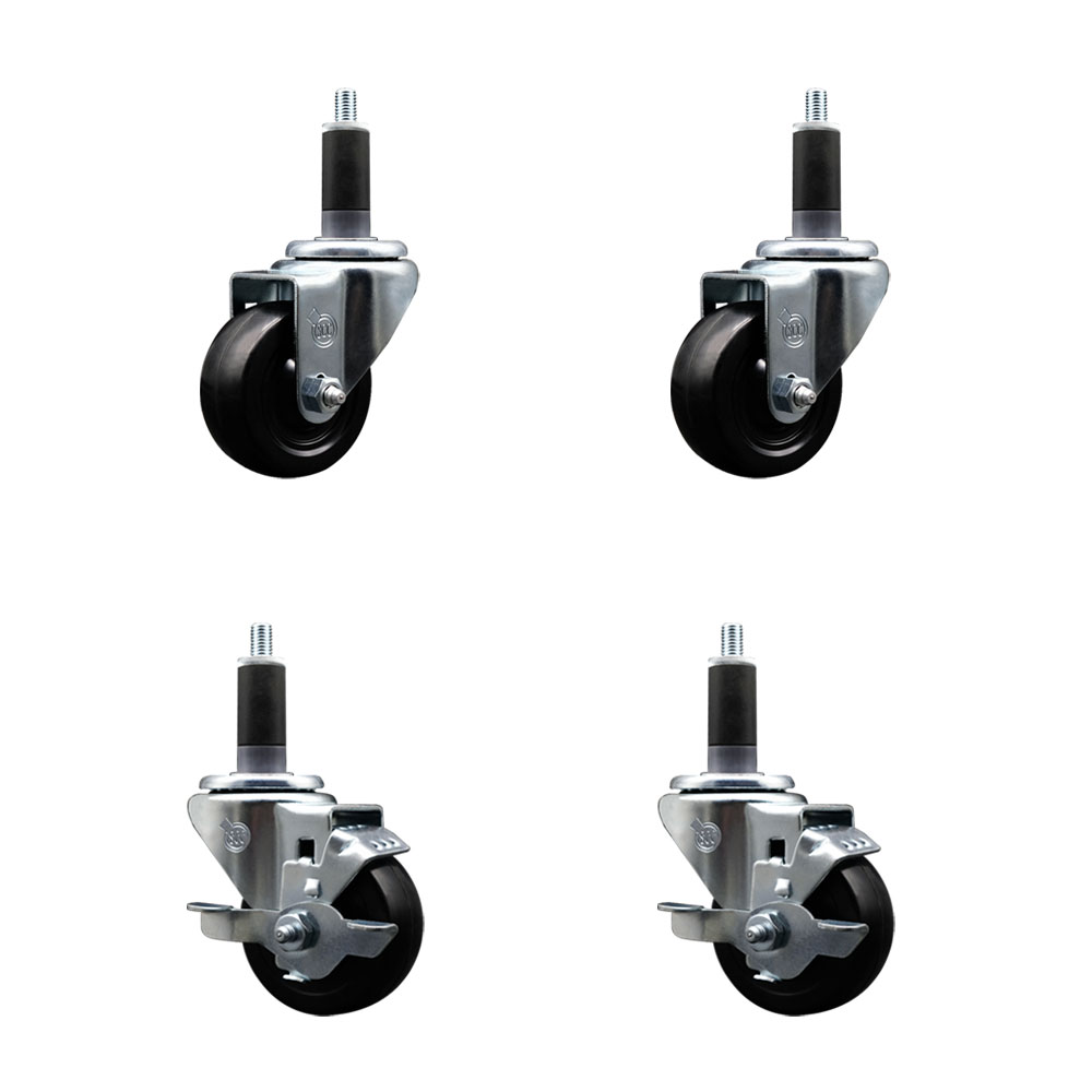 Soft Rubber Swivel Expanding Stem Caster Set of 4 with 3 Inch Black Wheels and 1-1/8" Stems - Includes 2 with Top Locking Brakes - 700 lbs Total Capacity - Service Caster Brand — photo 1