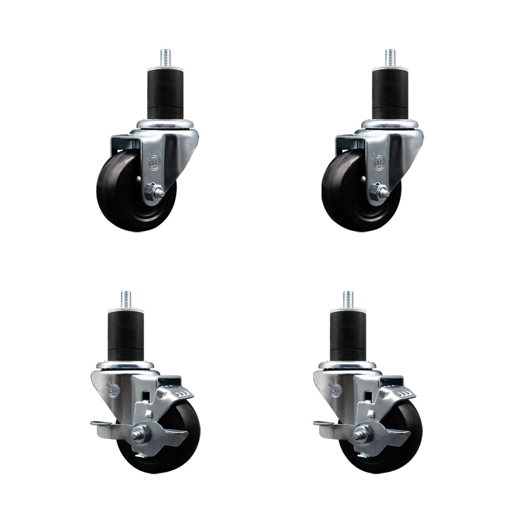 Soft Rubber Swivel Expanding Stem Caster Set of 4 with 3 Inch Black Wheels and 1-3/4" Stems - Includes 2 with Top Locking Brakes - 700 lbs Total Capacity - Service Caster Brand — photo 1