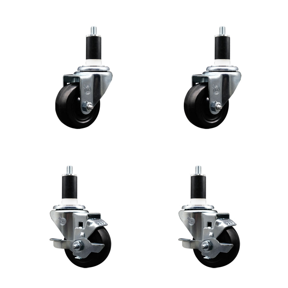 Stainless Steel Soft Rubber Swivel Expanding Stem Caster Set of 4 with 3 Inch Black Wheels and 1-3/8" Stems - Includes 2 with Top Locking Brakes - 700 lbs Total Capacity - Service Caster Brand — photo 1