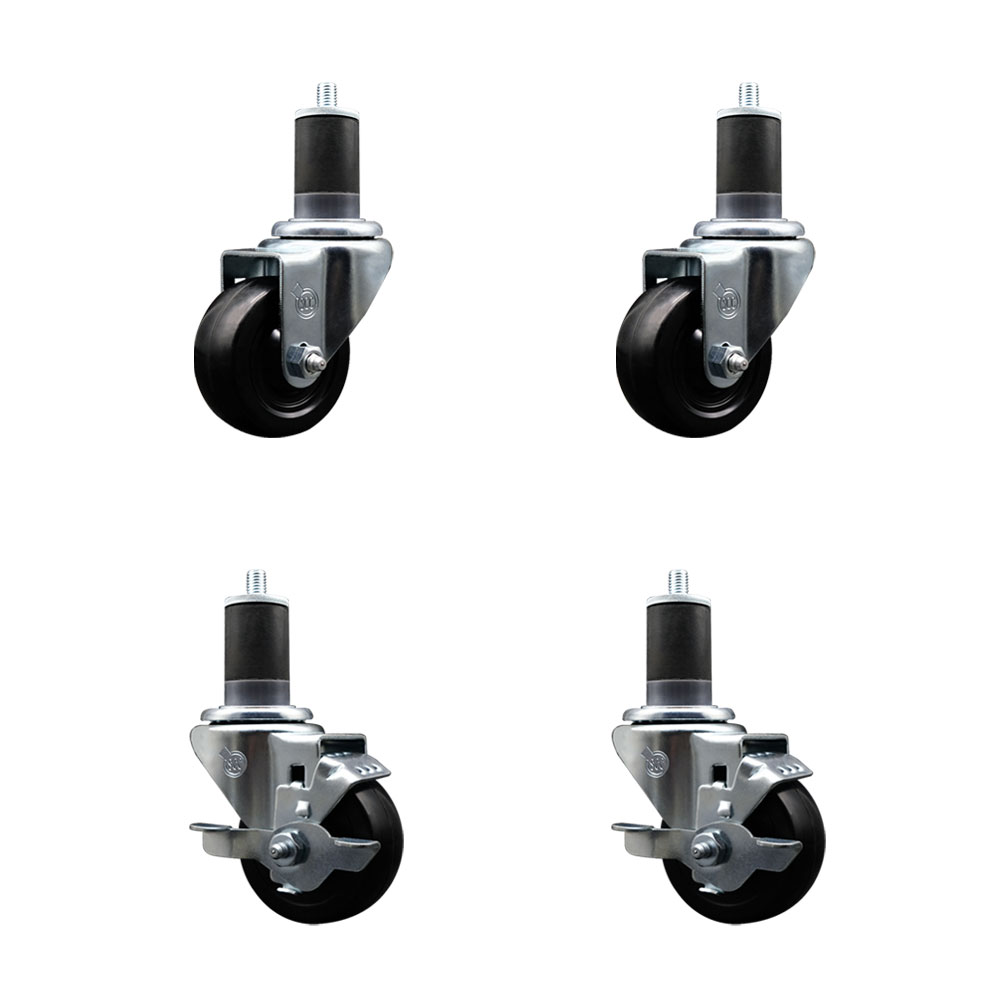 Stainless Steel Soft Rubber Swivel Expanding Stem Caster Set of 4 with 3 Inch Black Wheels and 1-5/8" Stems - Includes 2 with Top Locking Brakes - 700 lbs Total Capacity - Service Caster Brand — photo 1